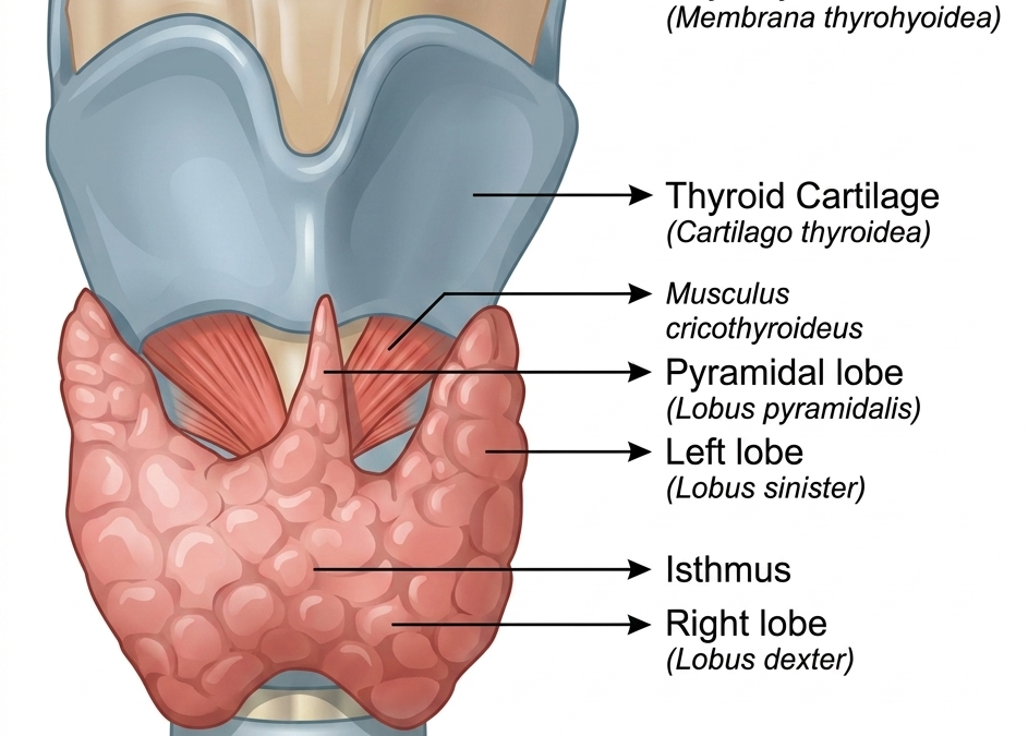 Anatomical diagram of the neck showing the thyroid gland with left and right lobes, isthmus, and surrounding labeled structures.